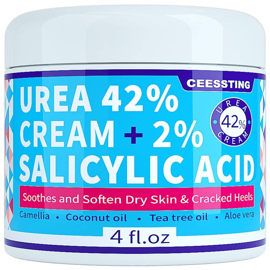 Urea 42% foot cream jar, blue label with 42% urea and 2% salicylic acid