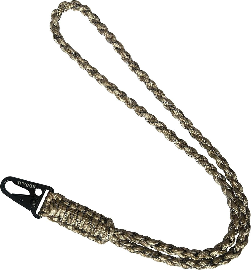 Braided paracord lanyard cord looped into two parallel strands; tan and olive weave