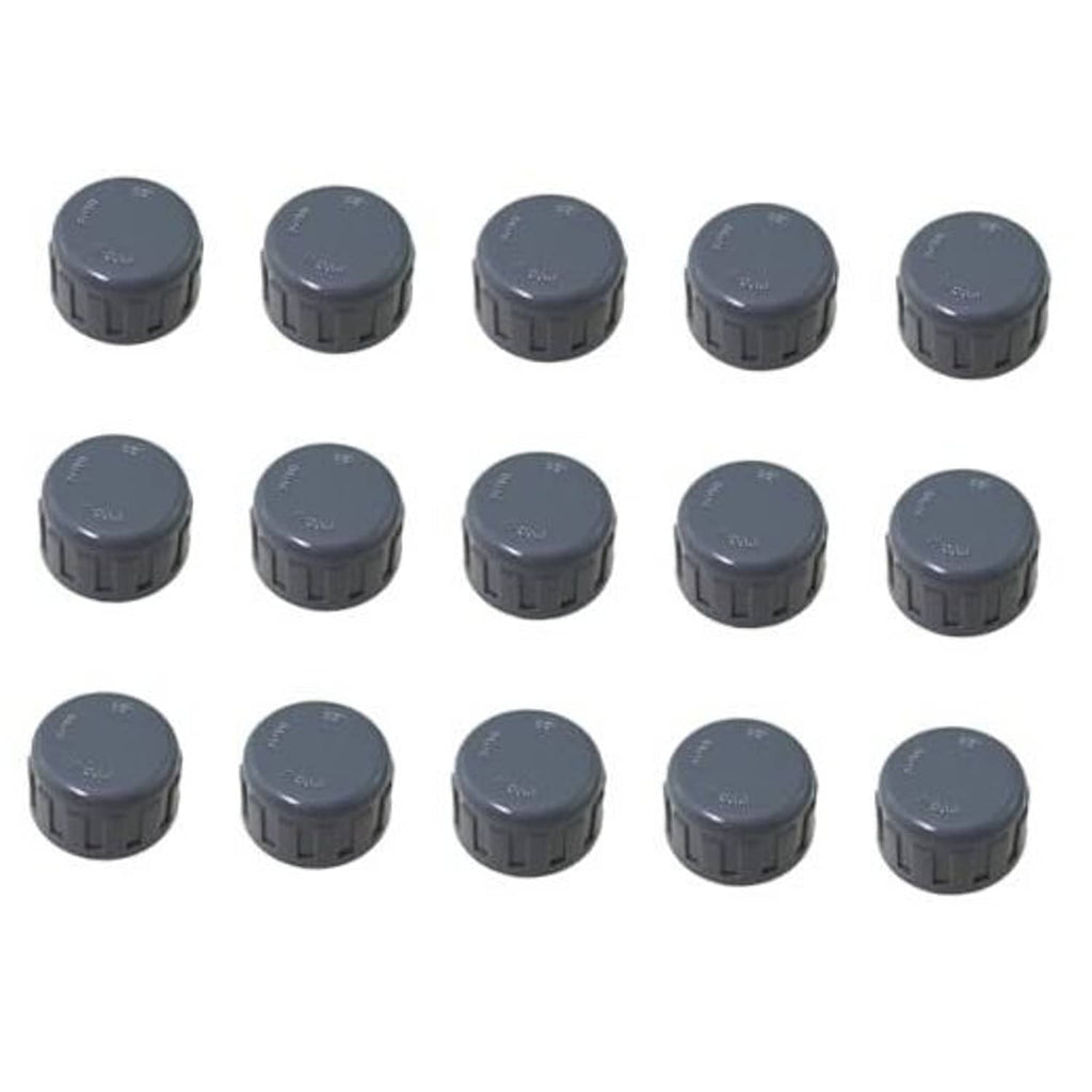 Grey PVC threaded cap plugs, 15-pack set of round adapters with ridged edges
