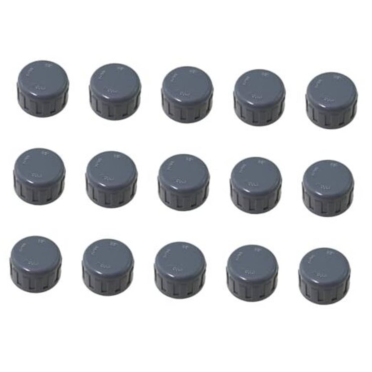 Grey PVC threaded cap plugs, 15-pack set of round adapters with ridged edges