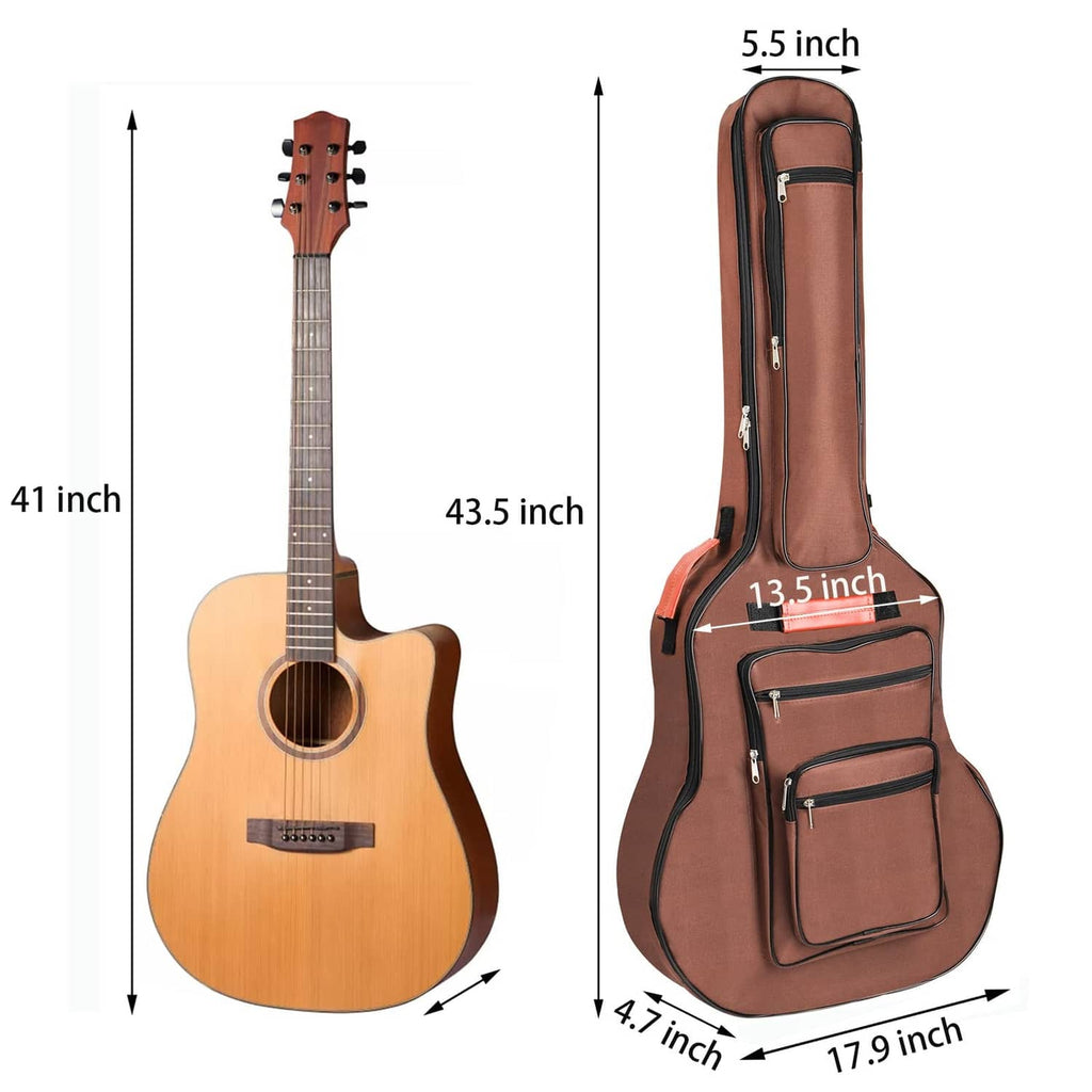 Brown acoustic guitar bag with front storage pocket and adjustable shoulder straps.