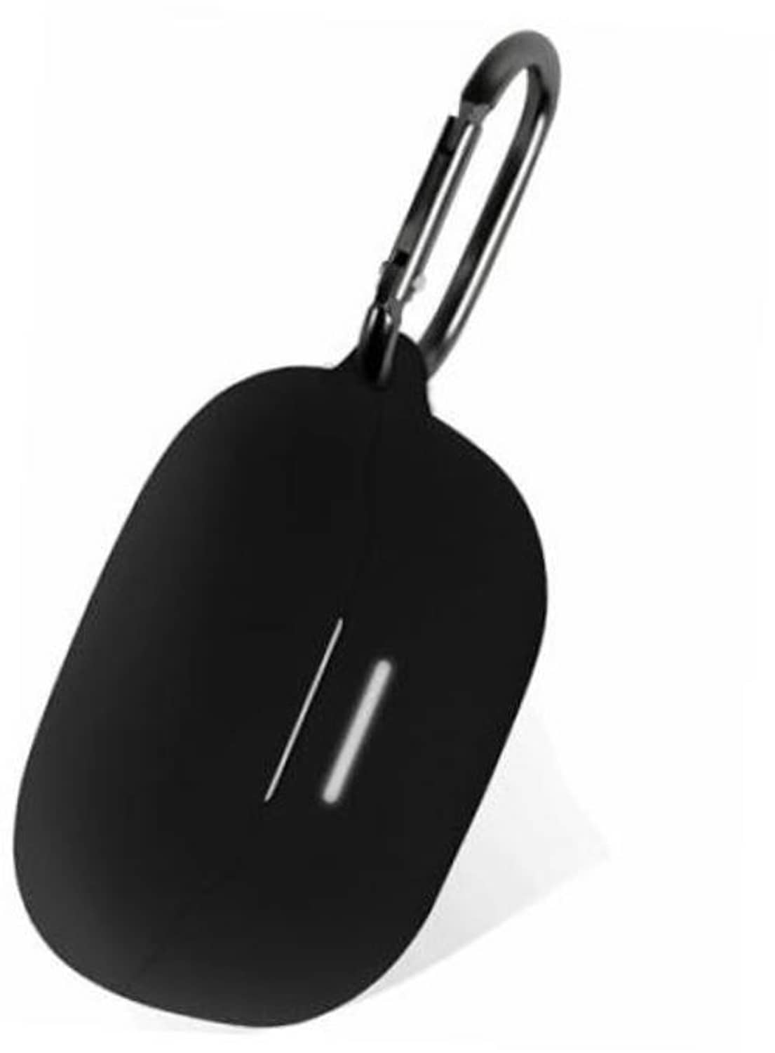 Black silicone earbud protective case with attached metal carabiner clip loop