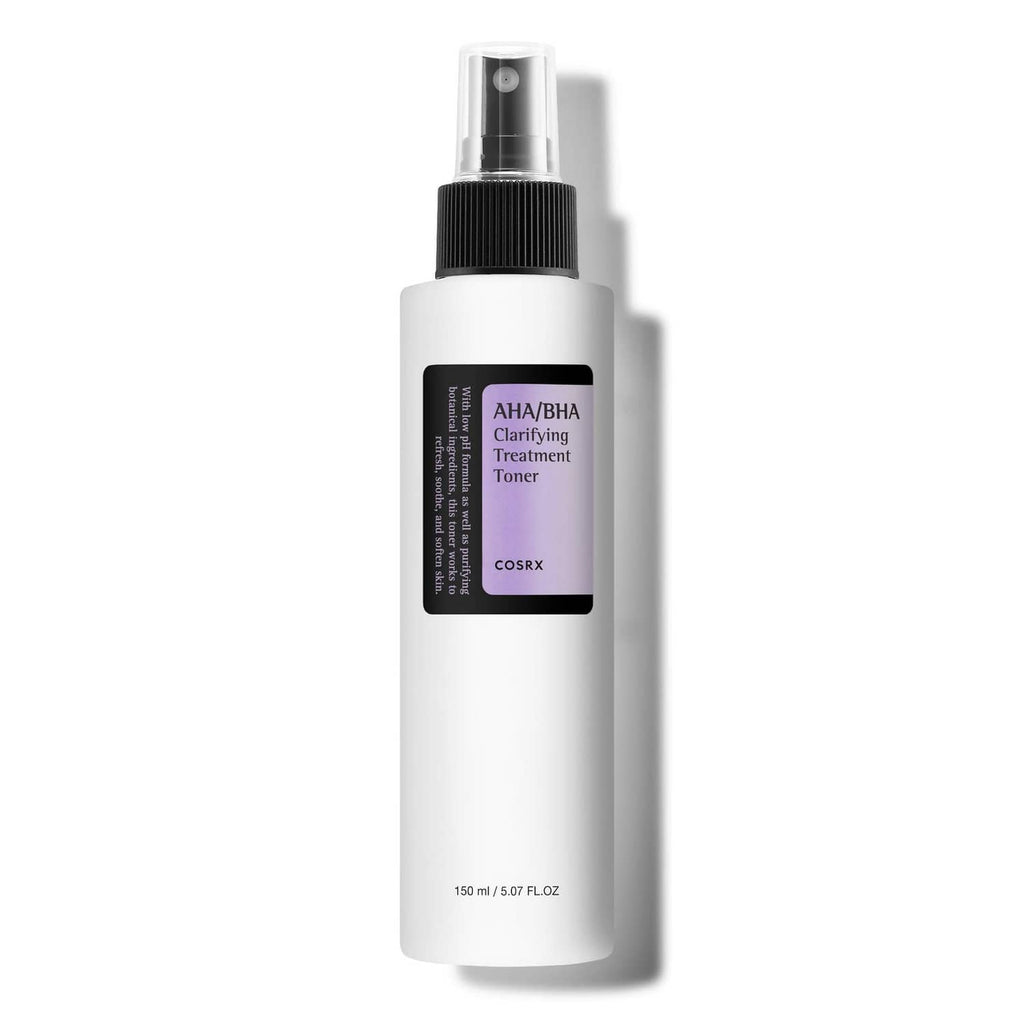 AHA/BHA clarifying treatment toner bottle with black spray top and label