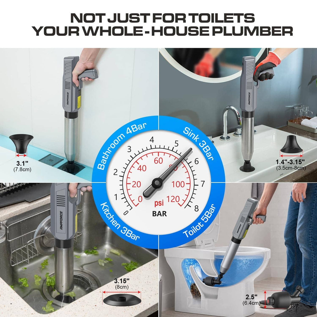 Dark gray electric plunger with tall silver tube and adjustable base seal