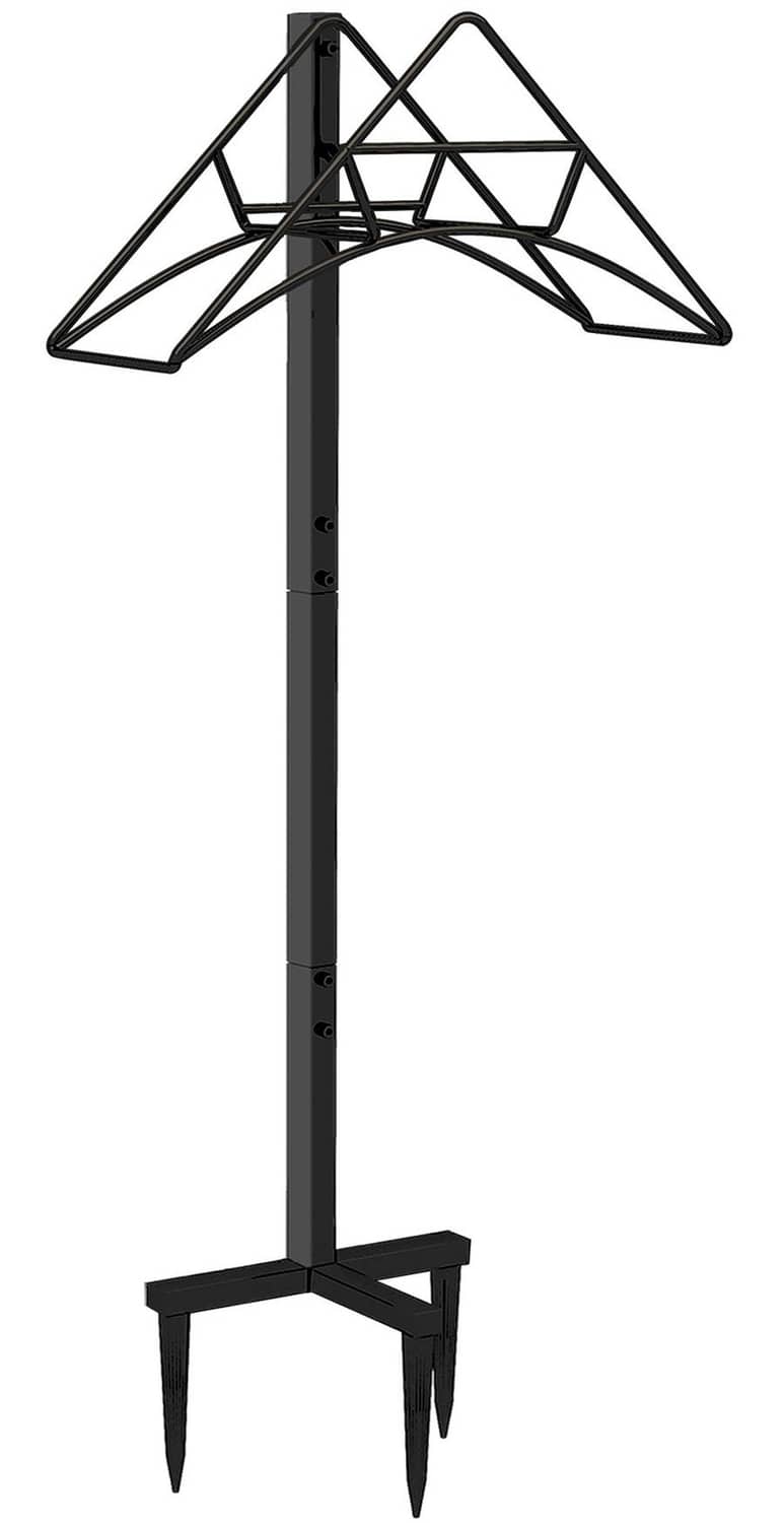 Black free-standing hose holder stand with triangular top arms and two-prong base