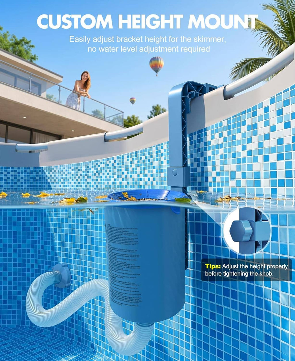 Wall-mount above-ground pool skimmer with adjustable height bracket and blue filter basket