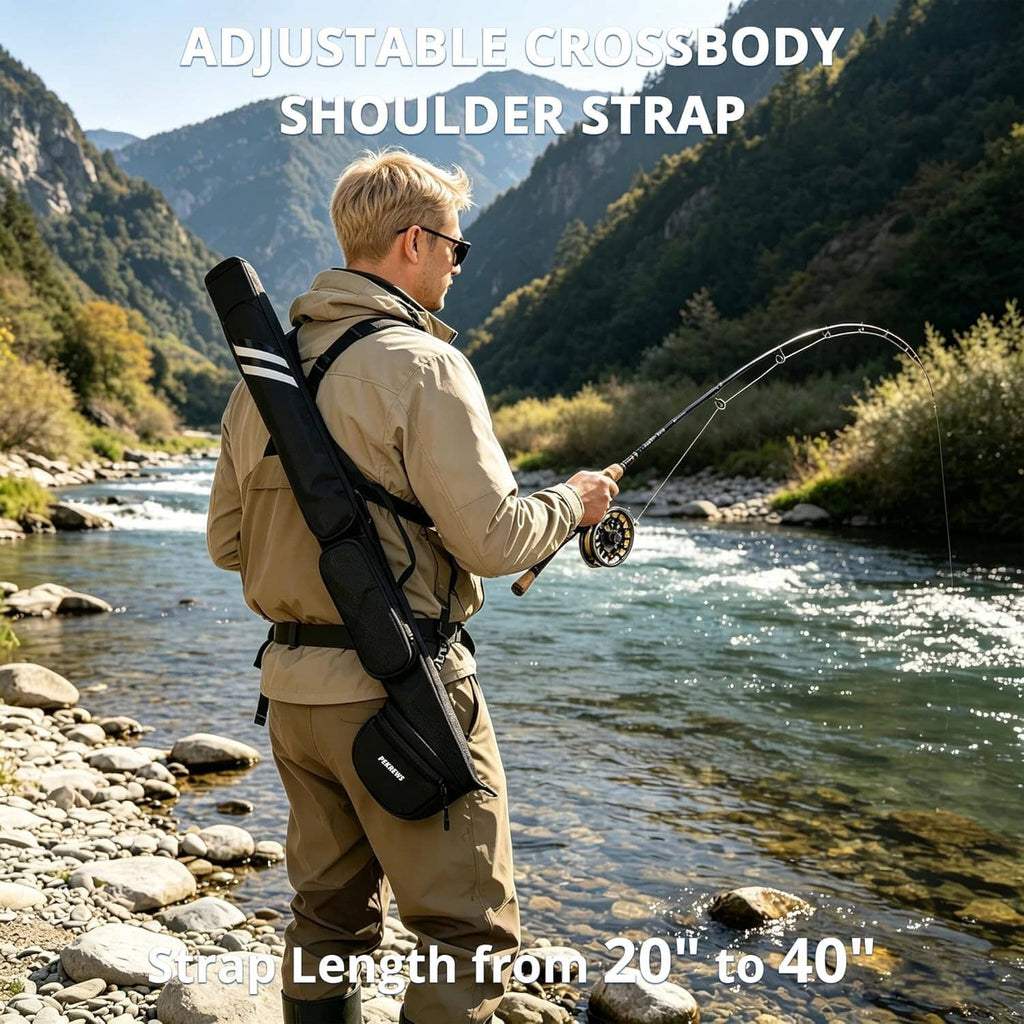 Black fly rod case with adjustable crossbody strap and padded rod tube with side pocket.