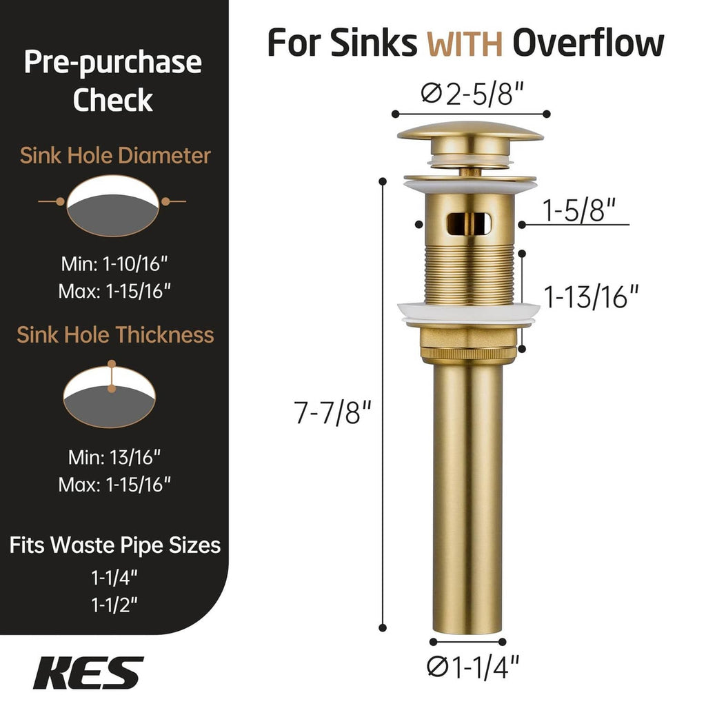 Brushed gold pop-up sink drain with overflow, size-fit diagram shown
