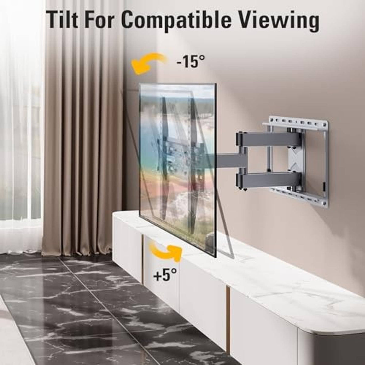 TV wall mount showing tilt joint for angled TV viewing