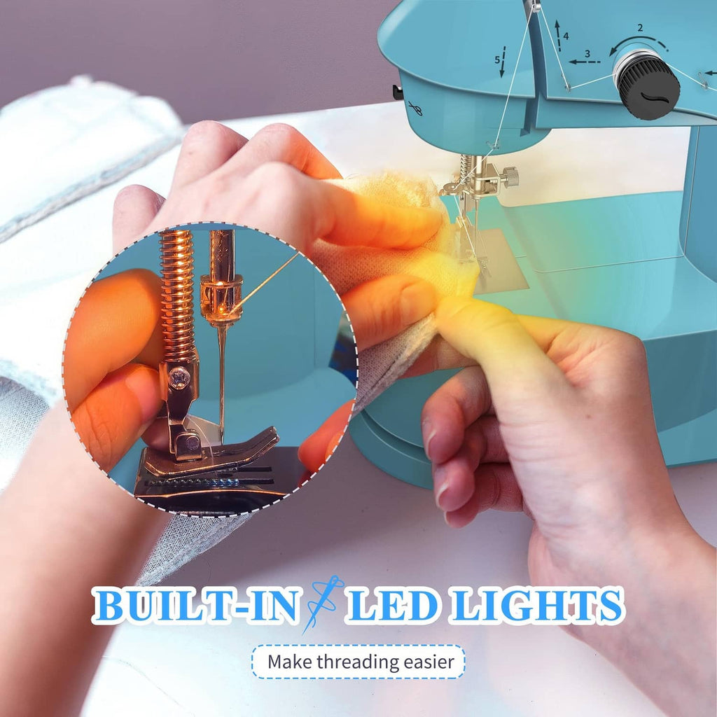 Light blue sewing machine with built-in LED lights illuminating the needle area