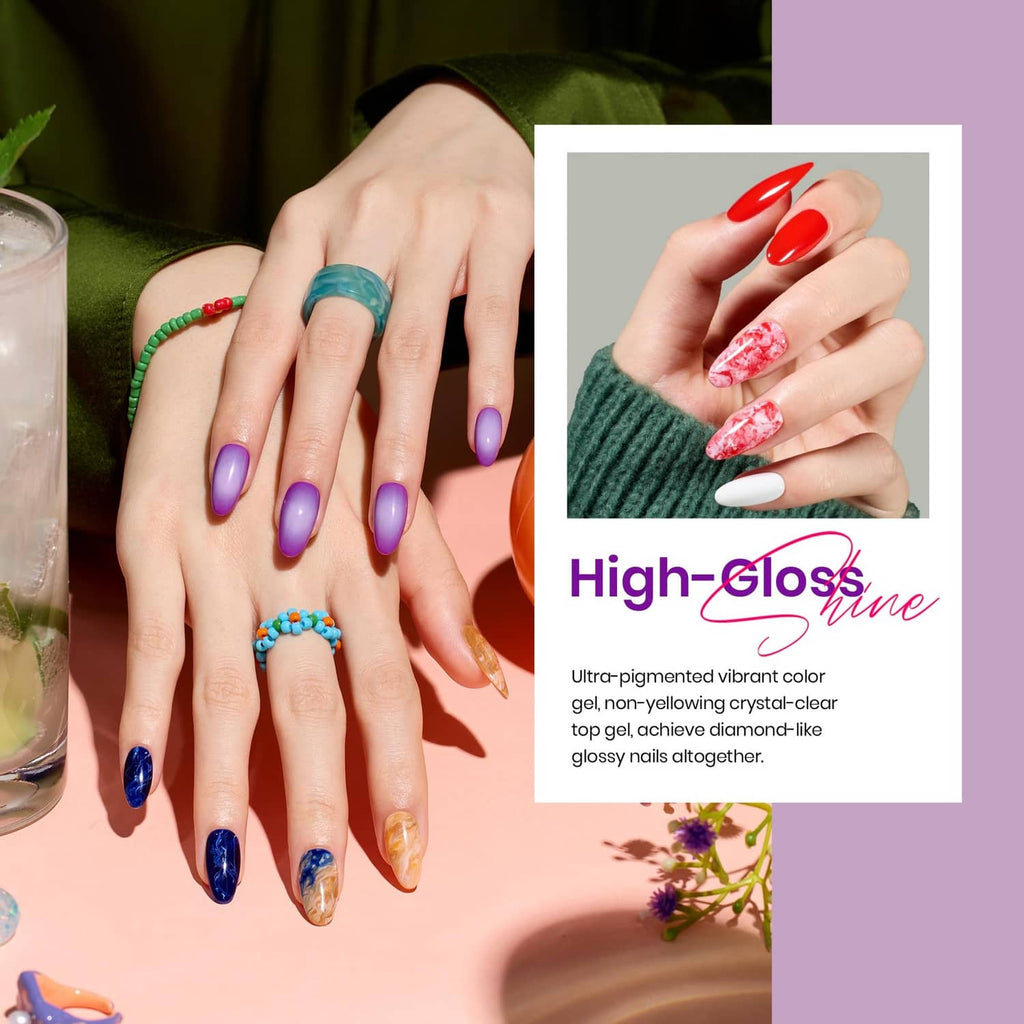 Hands with glossy gel manicure featuring colorful long nails and decorative nail art