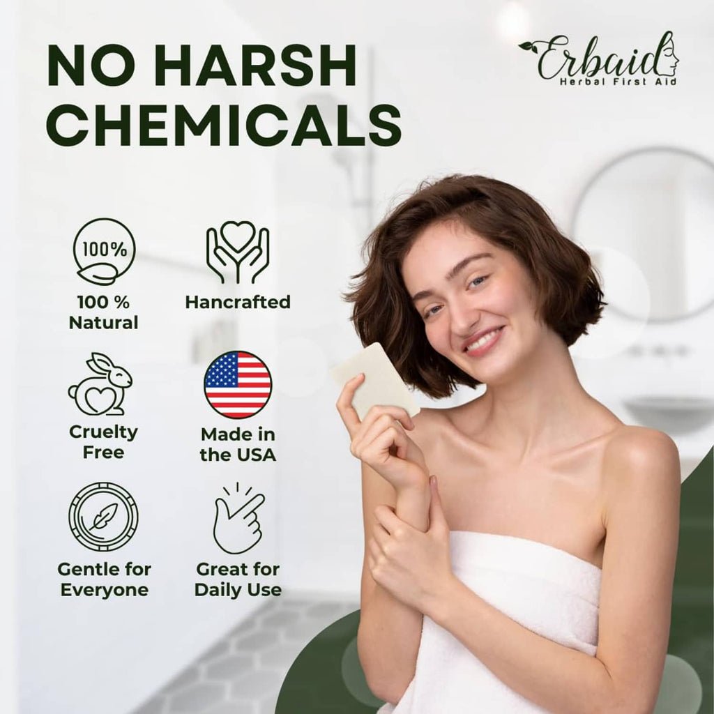 Tea tree soap bar package with natural and gentle-use claim icons