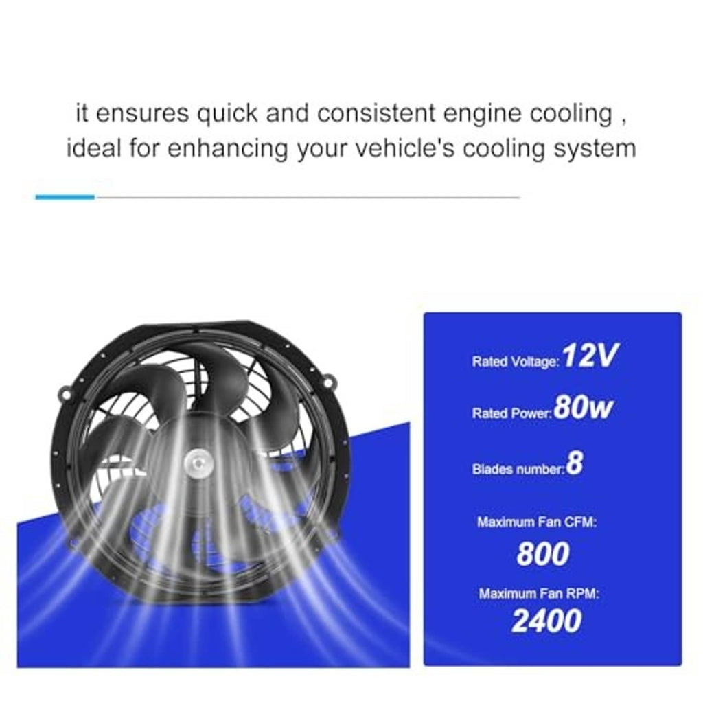 12V 80W radiator cooling fan with 8 black blades and circular mounting frame