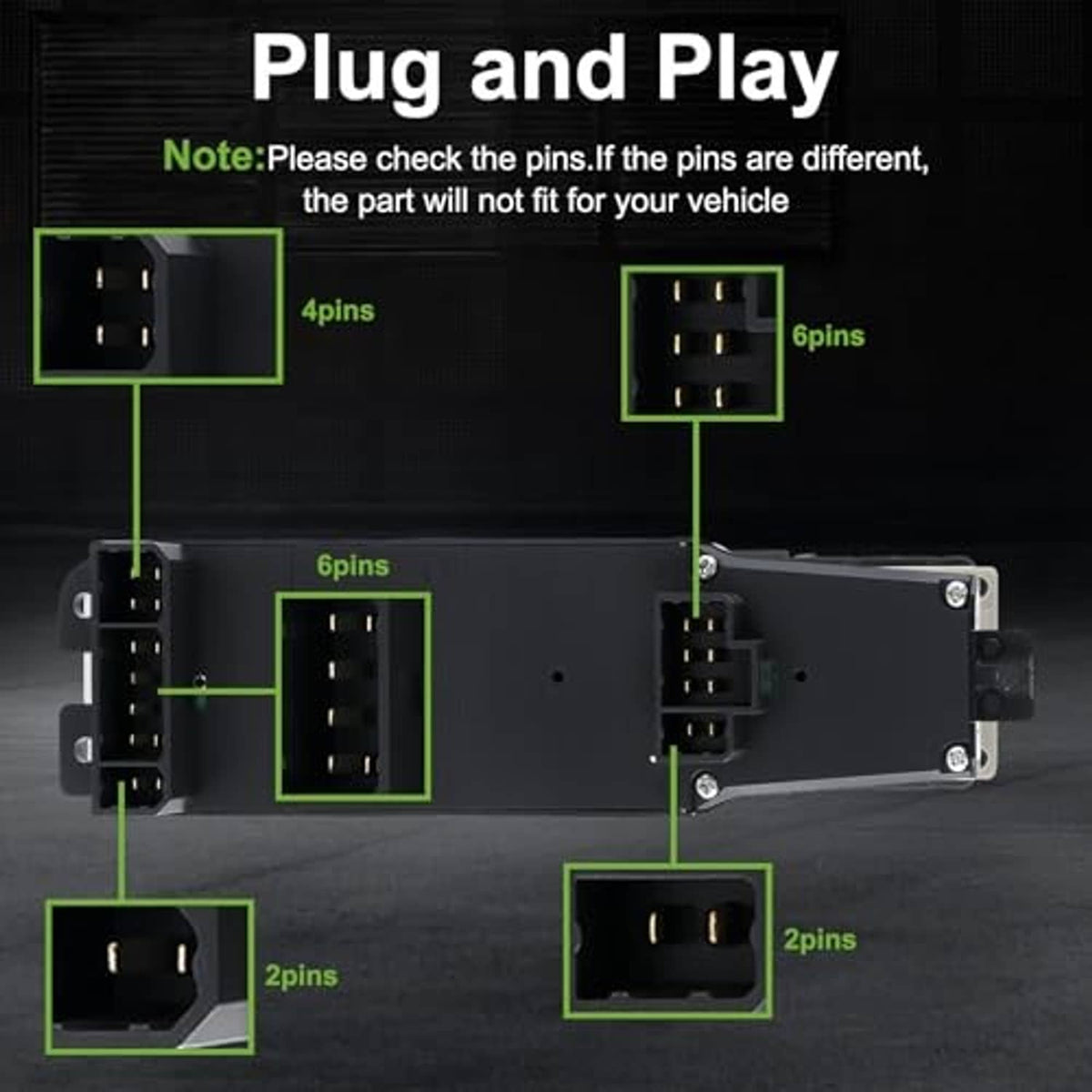 Window switch with plug connector ports and pin layout, plug-and-play view