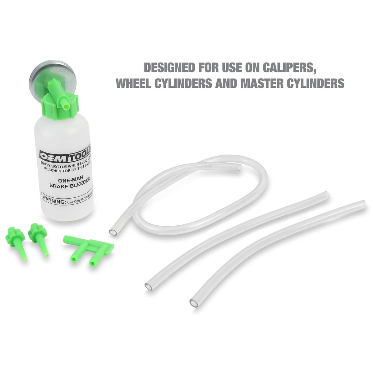 Brake bleeder kit set with bottle, clear hose tubing, and green connector pieces