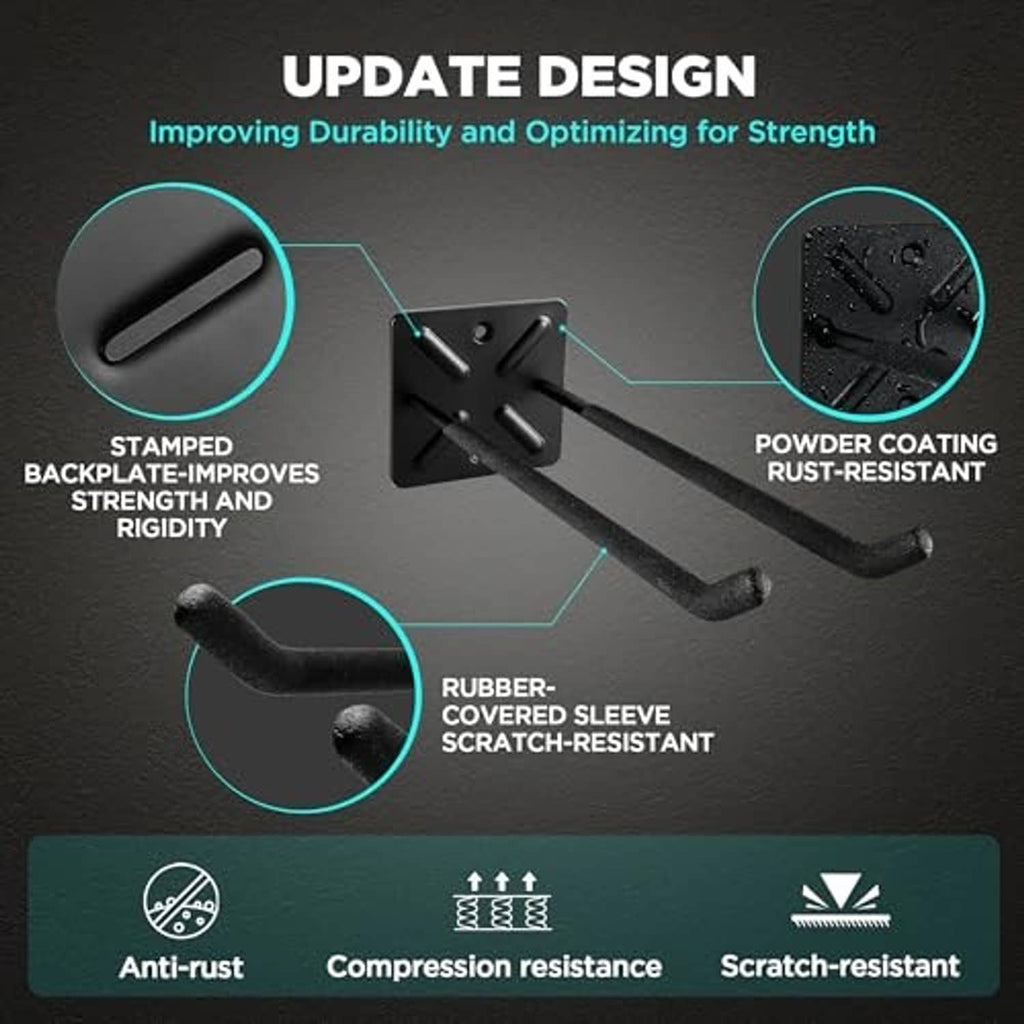 Black coated garage hooks with rubber-covered sleeves over the curved arms