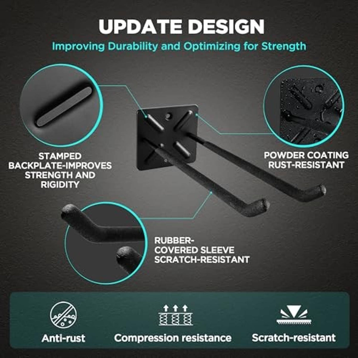 Black coated garage hooks with rubber-covered sleeves over the curved arms