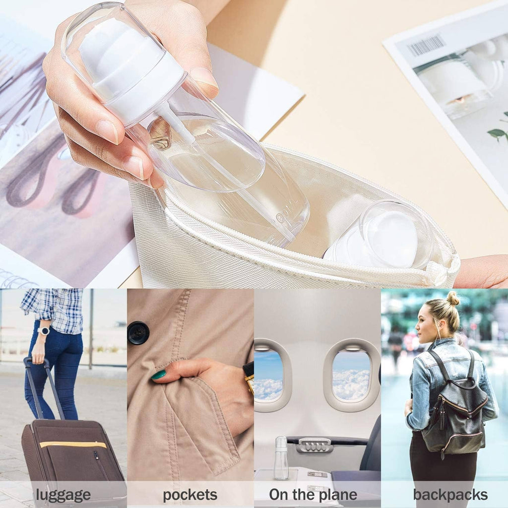 Clear spray bottle being held above a bag, showing travel-ready size