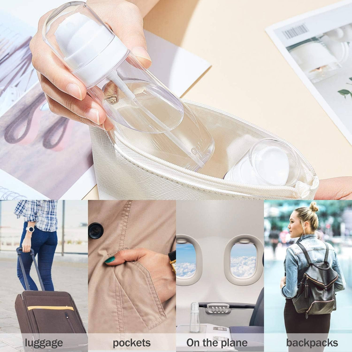 Clear spray bottle being held above a bag, showing travel-ready size
