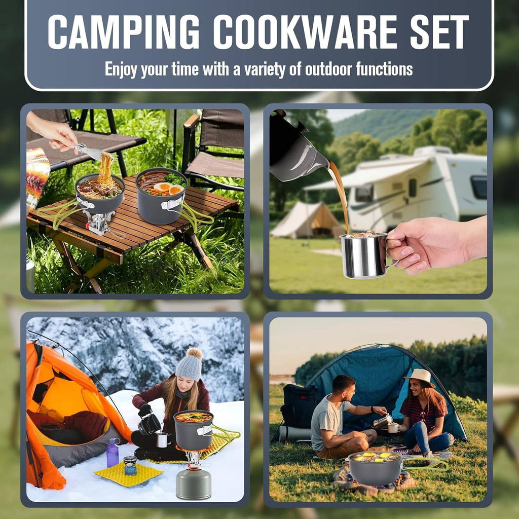Camping cookware set box with four outdoor scene panels featuring pots, stove, and utensils