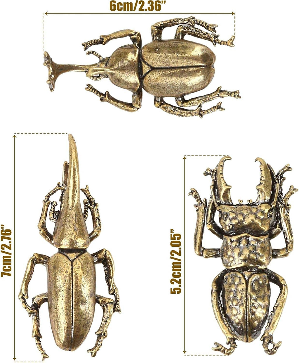 Three brass beetle figurine ornaments shown from multiple angles