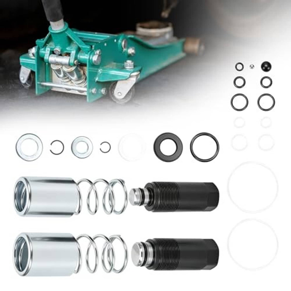 Floor jack pump piston plunger seal kit with cylinders, springs, and black O-rings