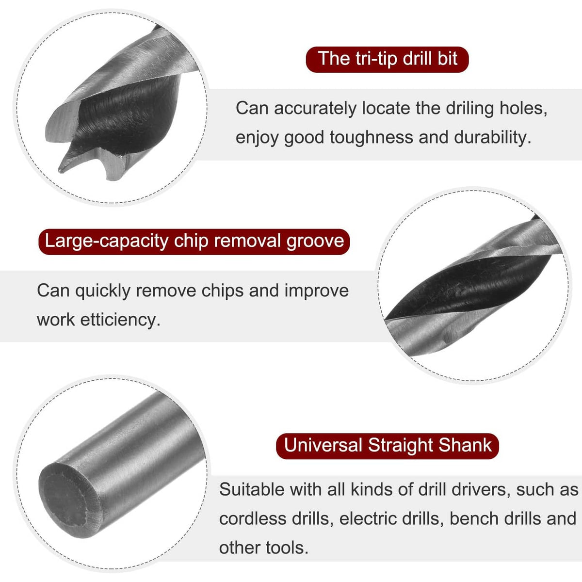 Close-up of black brad point drill bits with tri-drill tip and straight shank