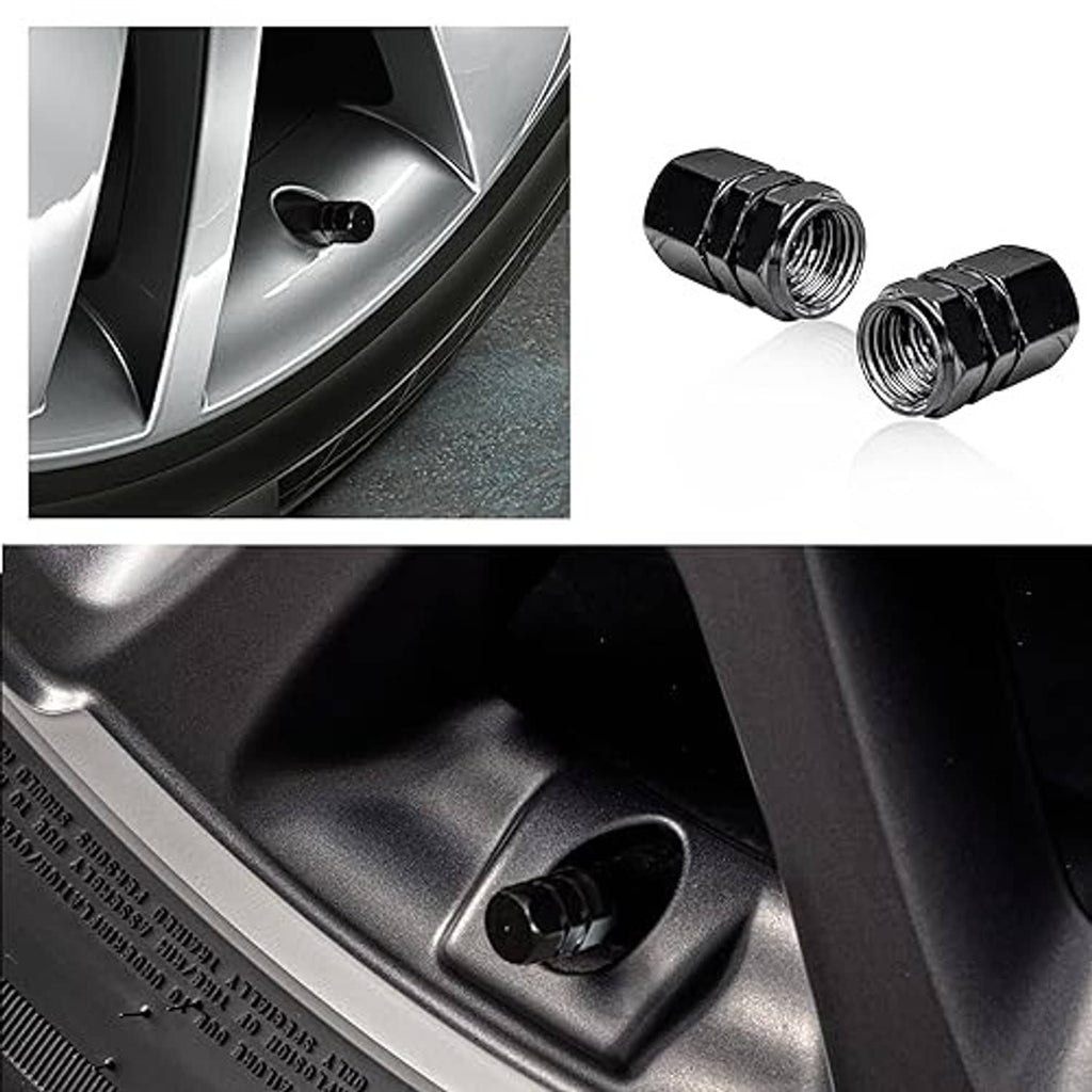 Black threaded valve stem caps installed on wheel, showing cap and opening