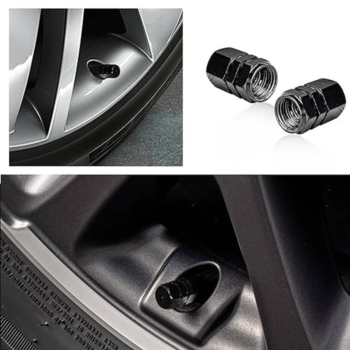 Black threaded valve stem caps installed on wheel, showing cap and opening