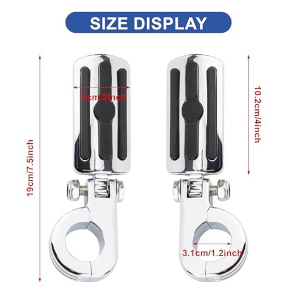 Black rubber motorcycle foot pegs with chrome mounting brackets, foldable set of two