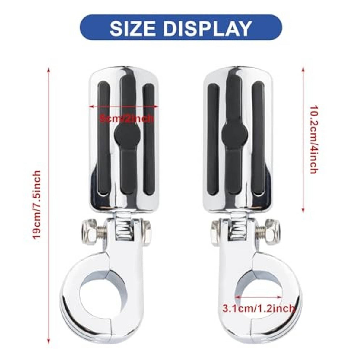 Black rubber motorcycle foot pegs with chrome mounting brackets, foldable set of two