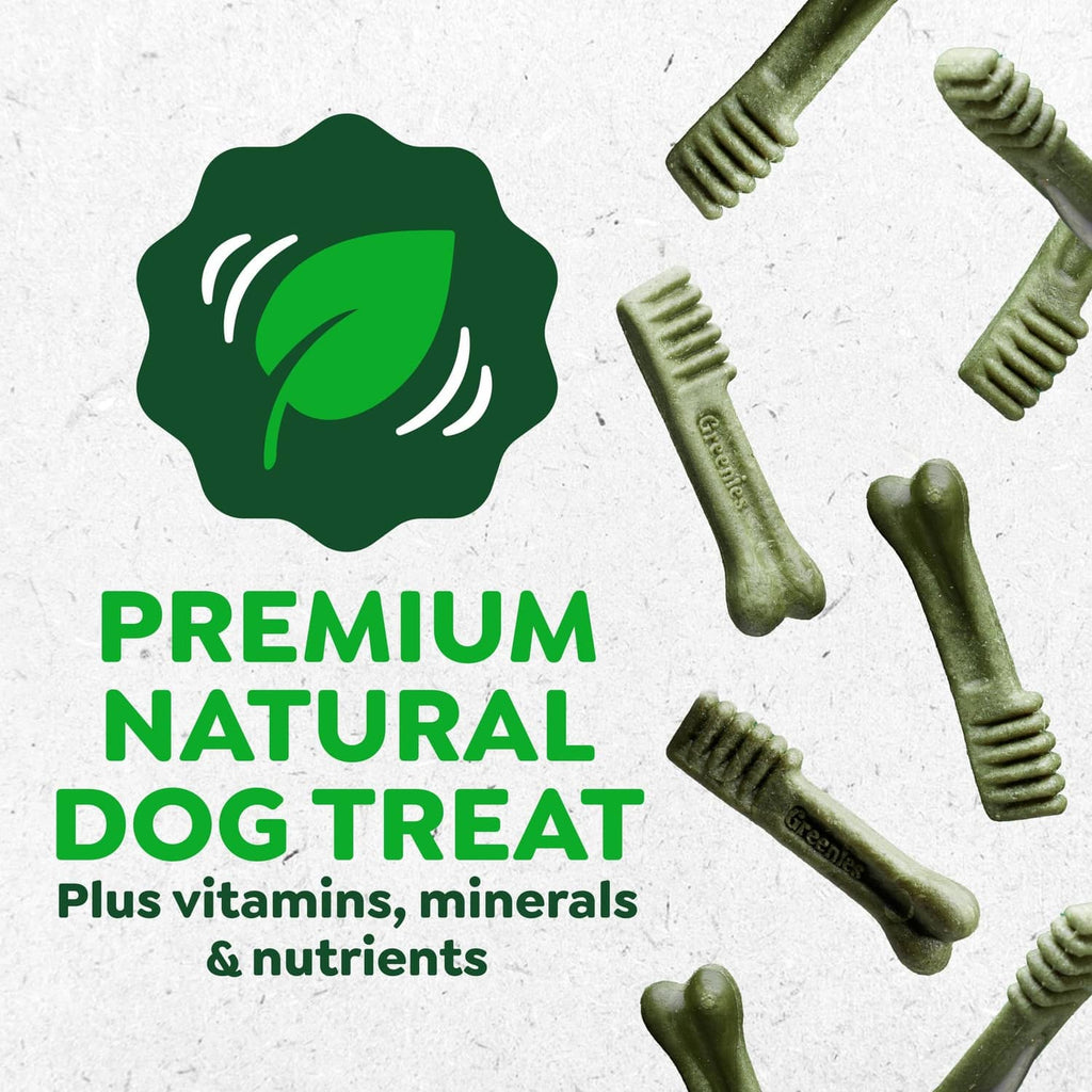 Premium natural dog treat graphic with green chew pieces