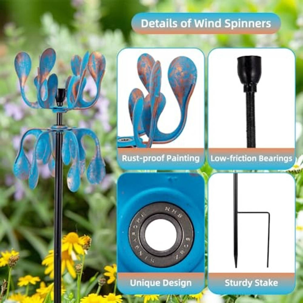Blue wind spinner with curled petal blades, black hub and sturdy stake shown