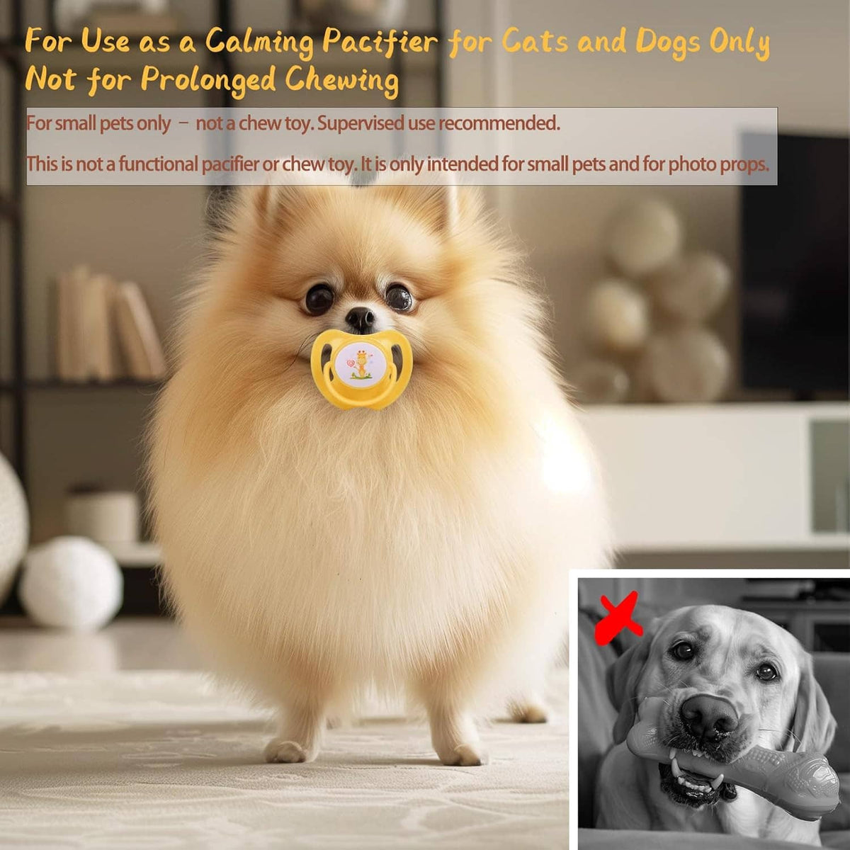 Small Pomeranian puppy with a yellow pet pacifier photo prop; red X inset shown.