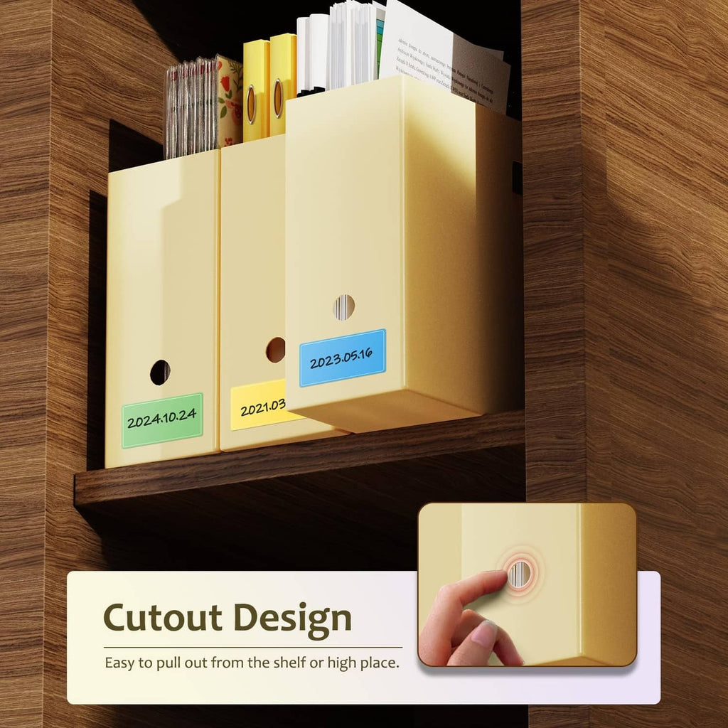 Light yellow scrapbook paper organizer with cutout design, standing on a wooden shelf