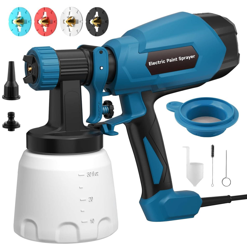 Electric paint sprayer gun in light blue and black with nozzle accessories and cups