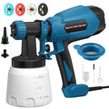 Electric paint sprayer gun in light blue and black with nozzle accessories and cups