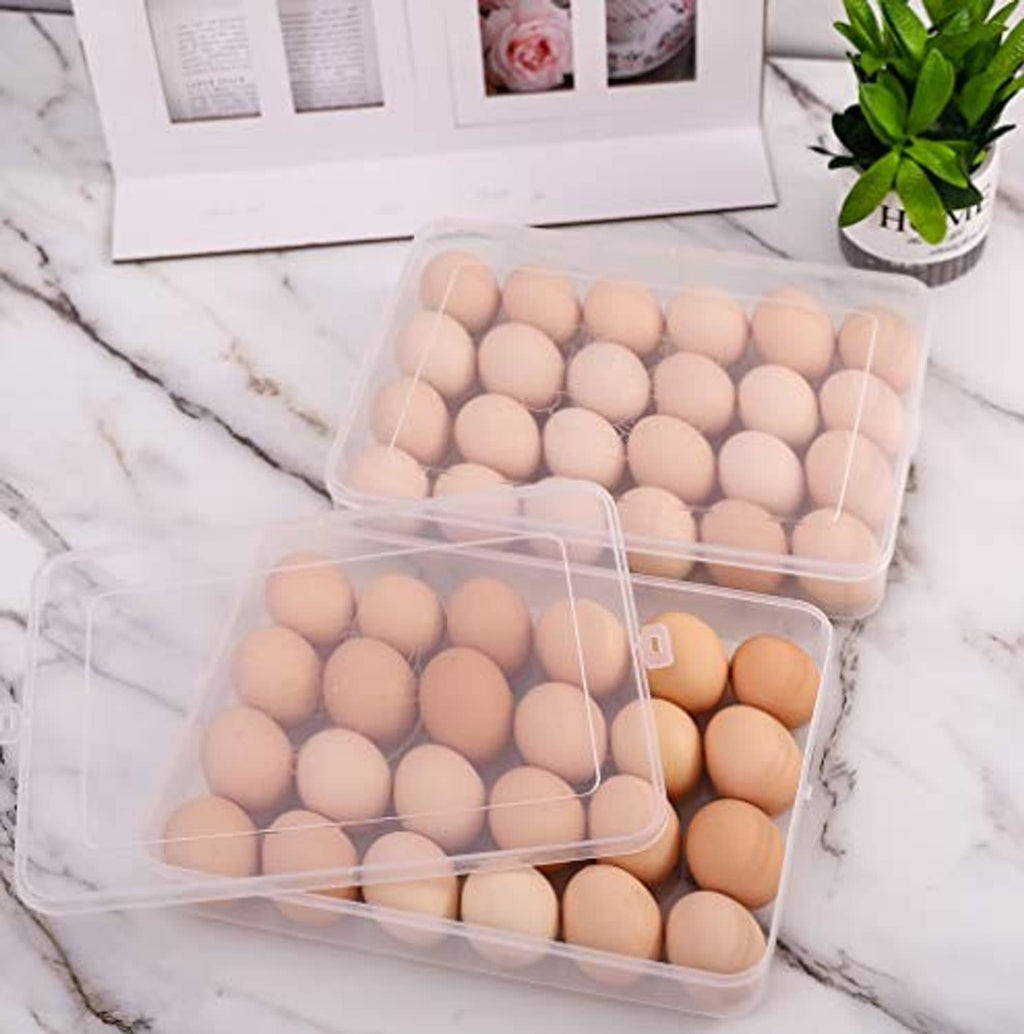 Clear plastic egg holder set with lids, pale eggs in two trays