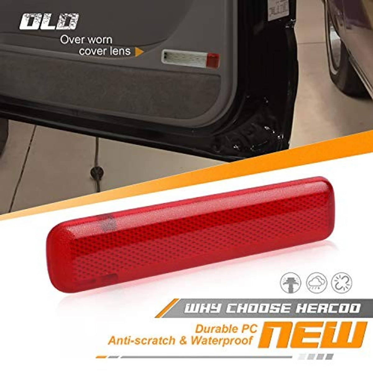 Red rear door reflector light cover trim panel, mounted on vehicle door panel