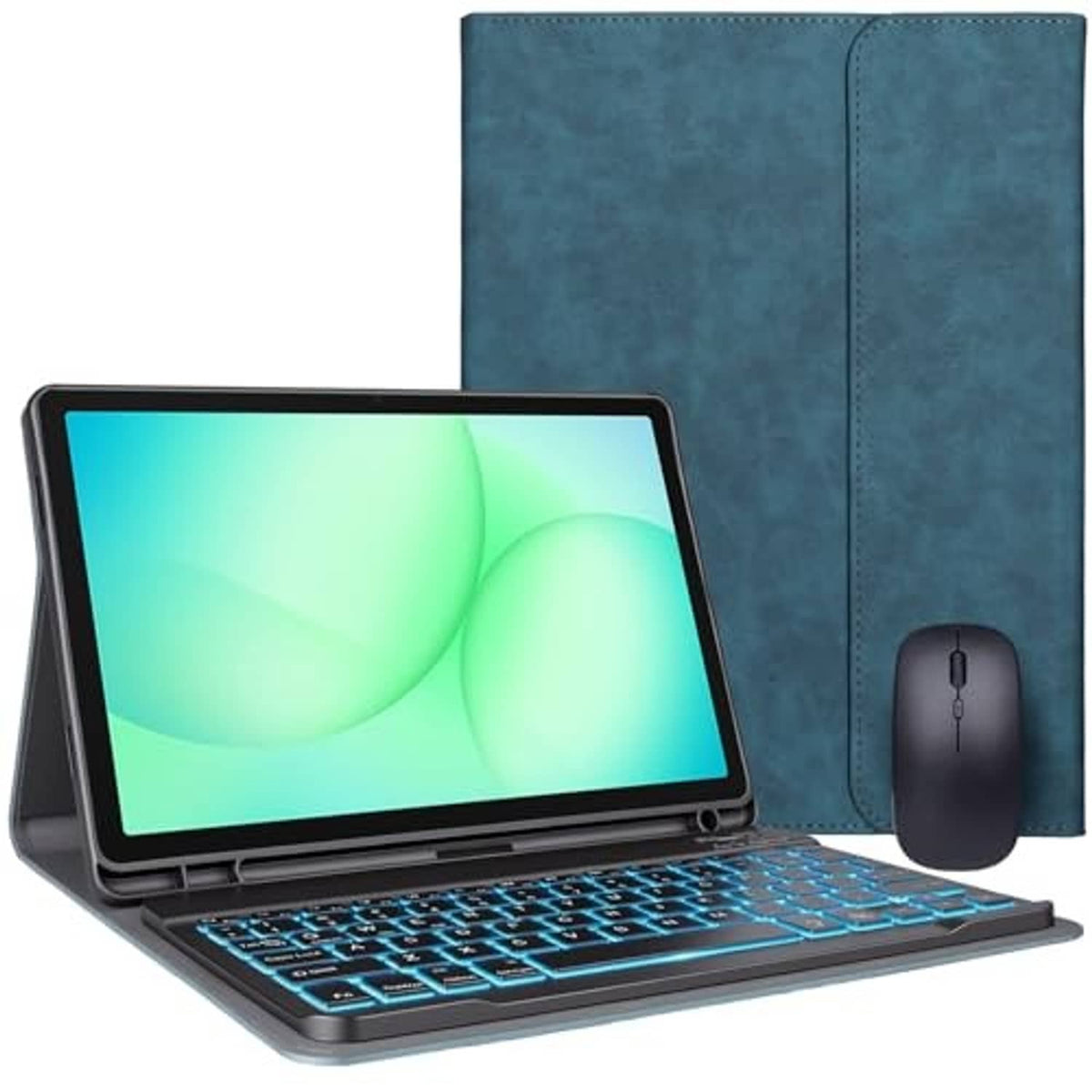 Teal folio keyboard case with tablet stand and wireless mouse, front keyboard visible
