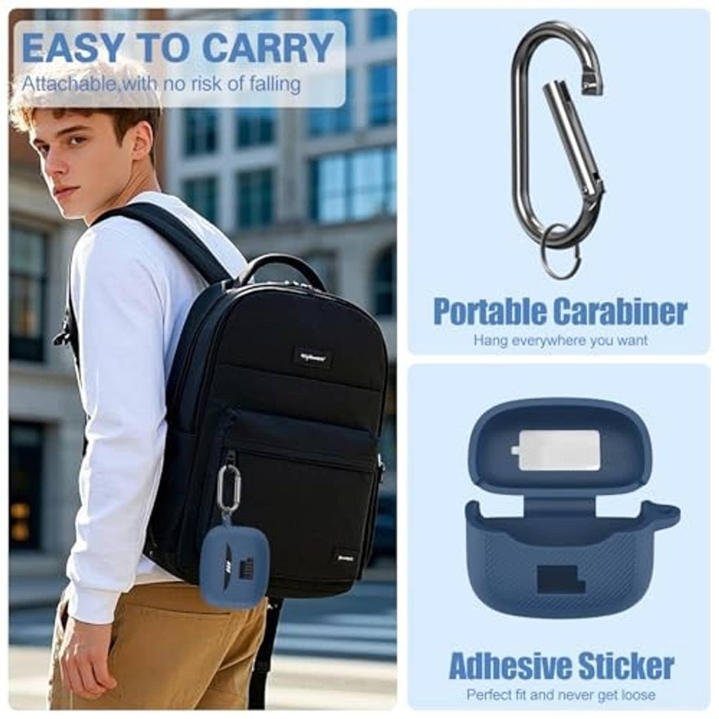 Dark blue silicone earbuds case cover with metal carabiner and adhesive holder
