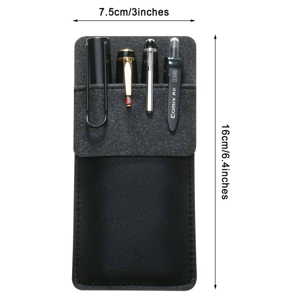 Black leather pen pouch organizer with 4 pen slots and loop for holding