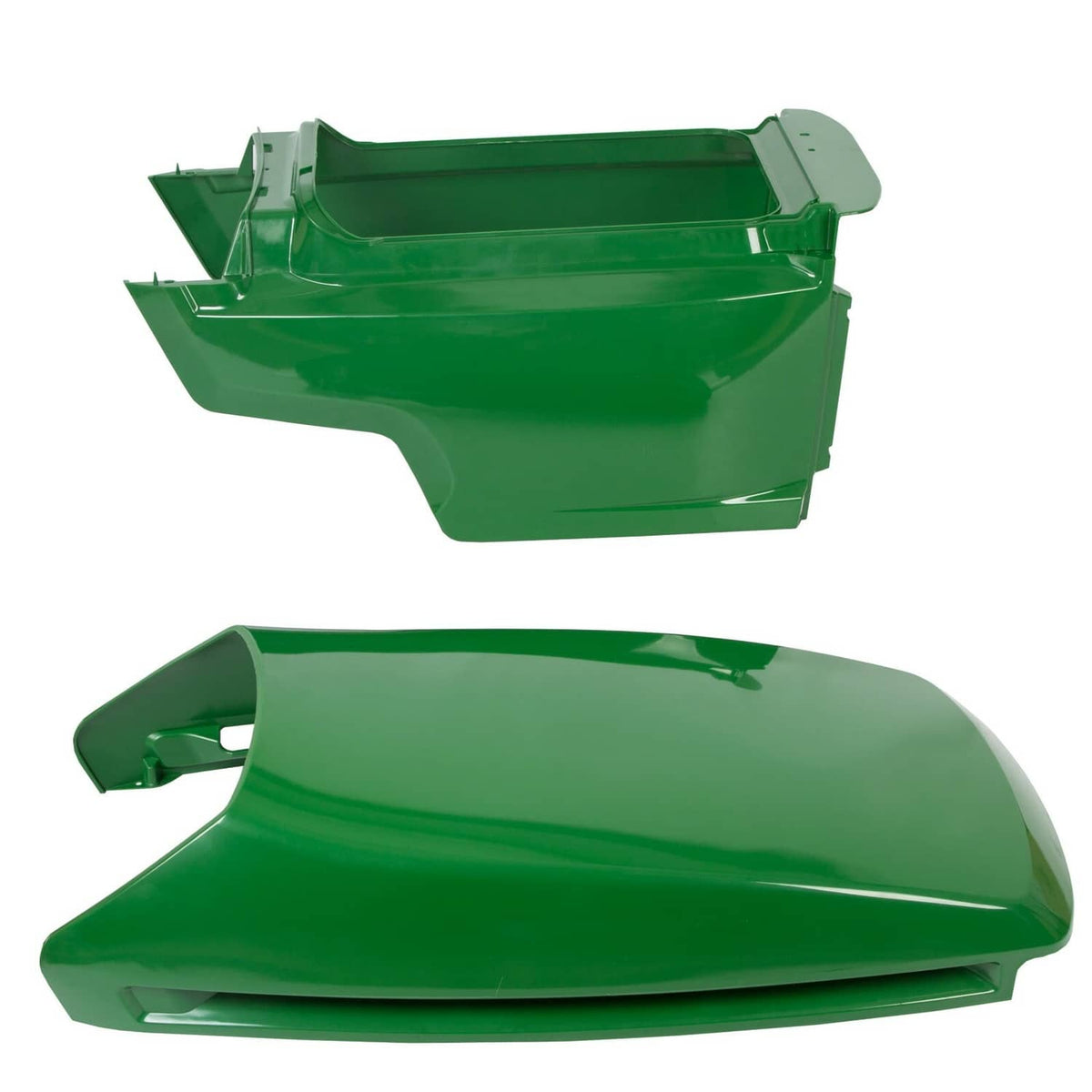 Green mower hood replacement set, two-part views