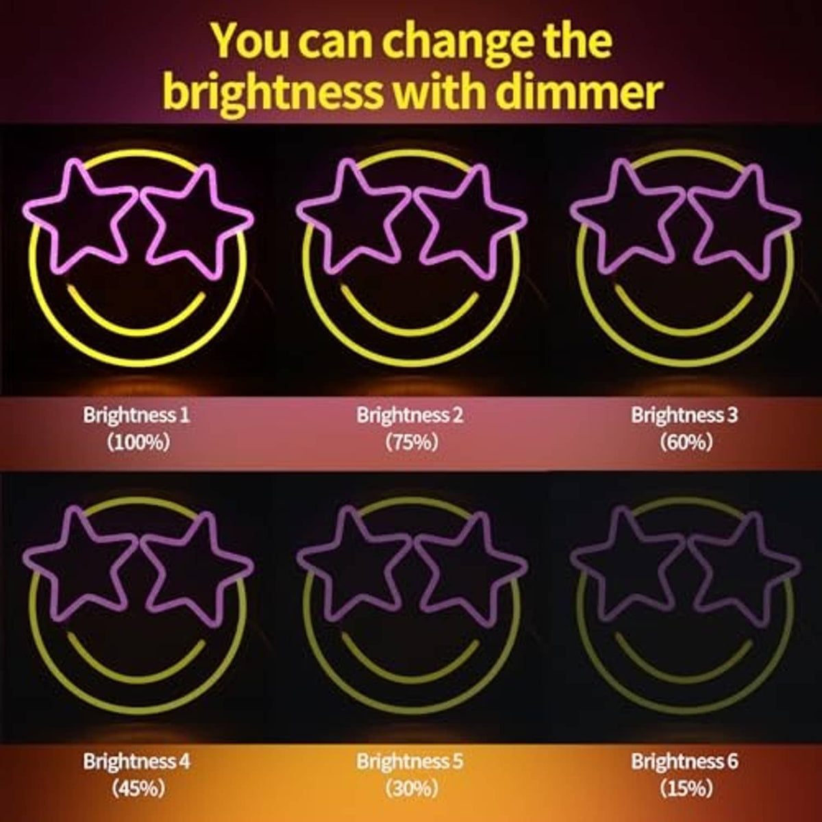 LED neon smiley face with stars, purple and yellow outlines, dim brightness levels