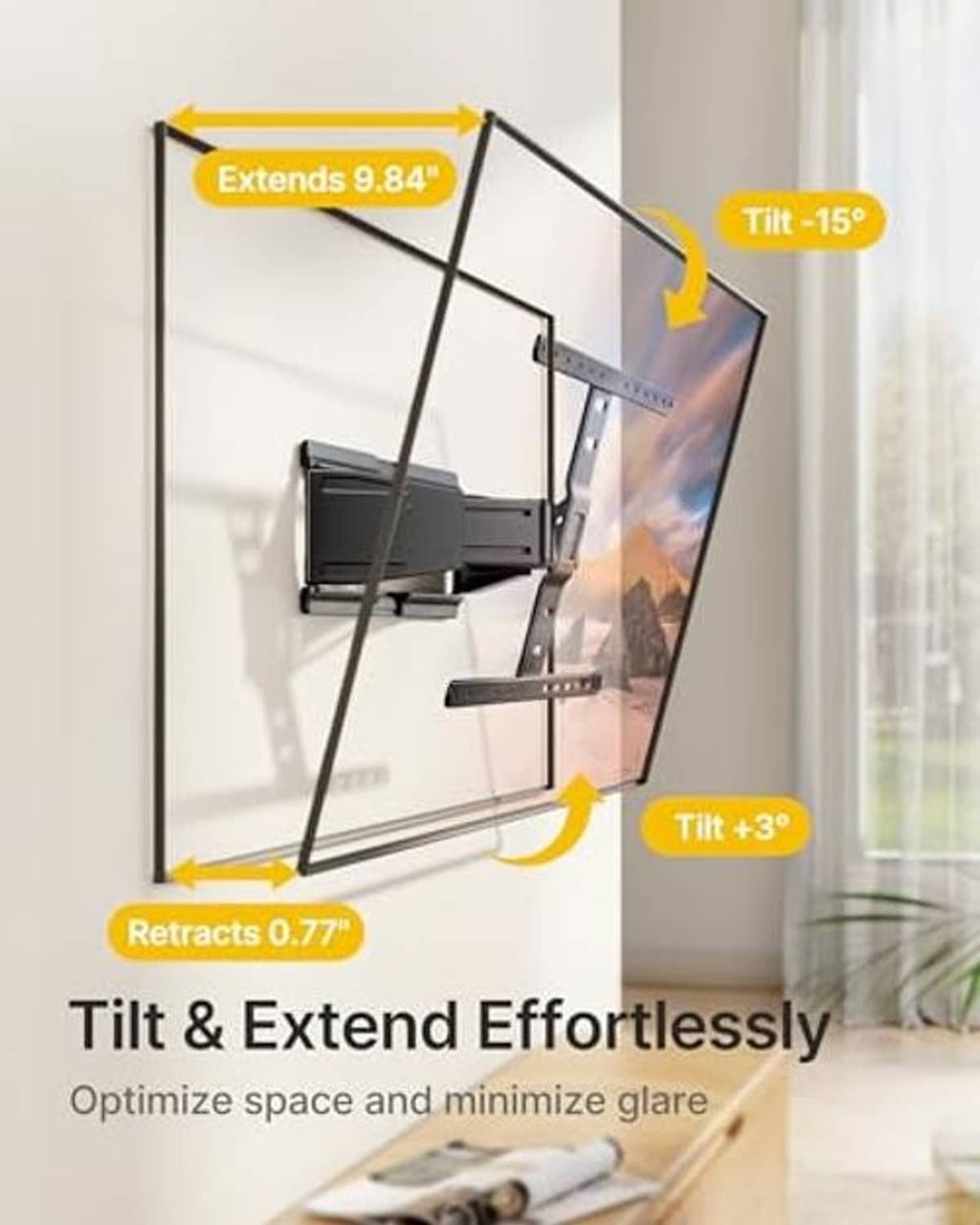 TV wall mount shown with tilt and extended swing-away motion for glare reduction
