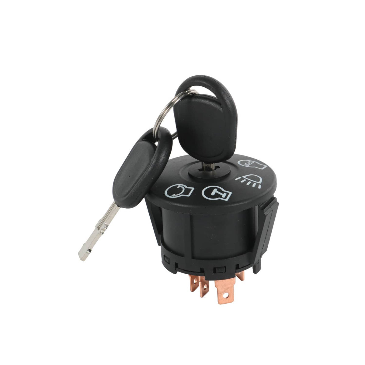 Ignition starter switch with black round top, keys looped, and visible rocker-style terminals