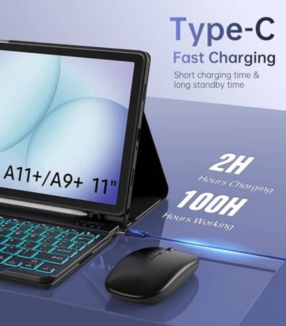 Black tablet keyboard case with Type-C charging area and wireless mouse
