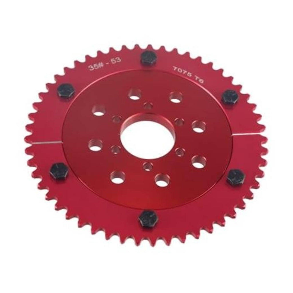 Red toothed sprocket with multiple bolt holes and center bore