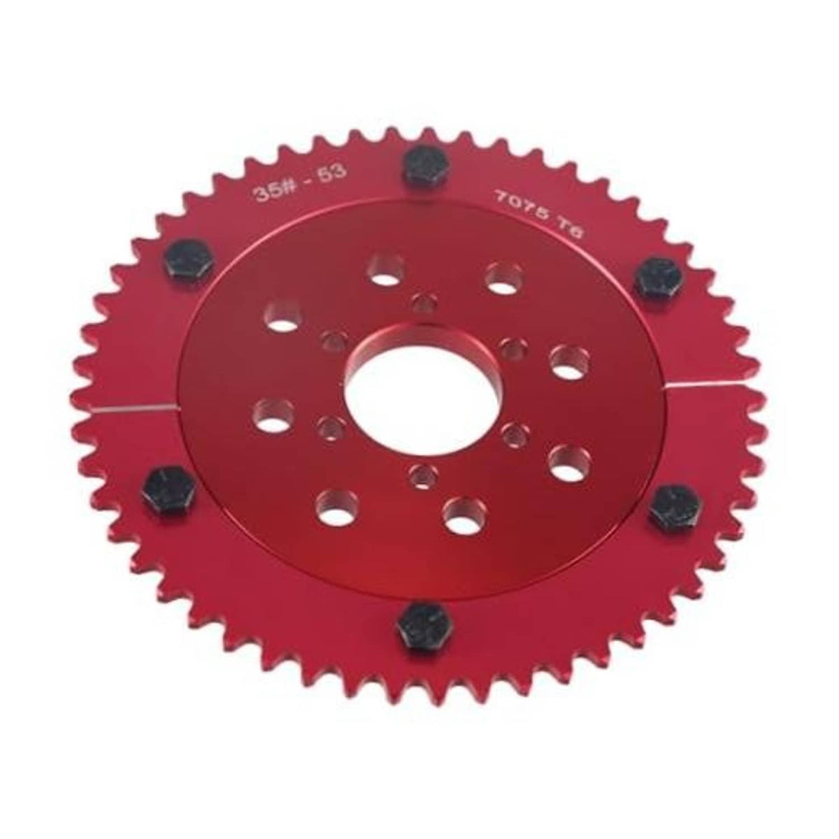 Red toothed sprocket with multiple bolt holes and center bore