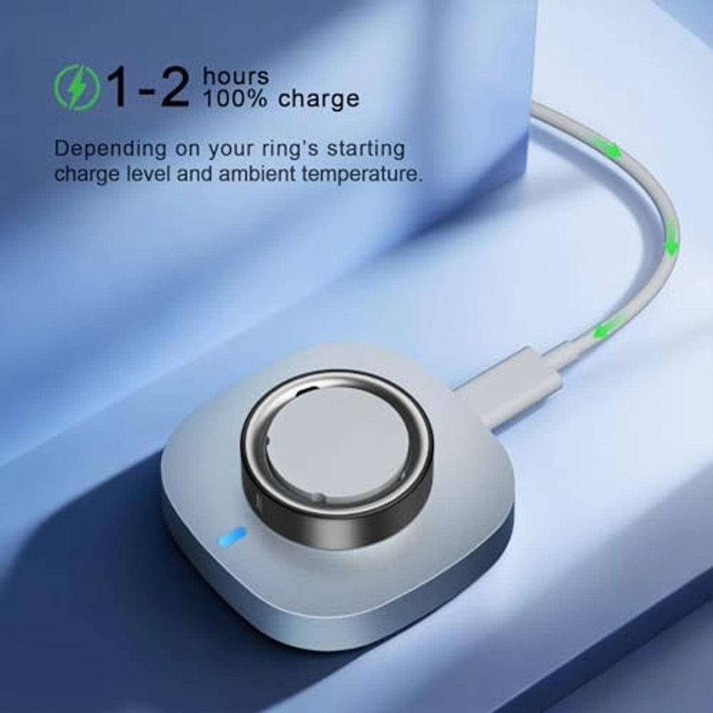 Compact charging dock with USB-C cable and blue charge light indicator